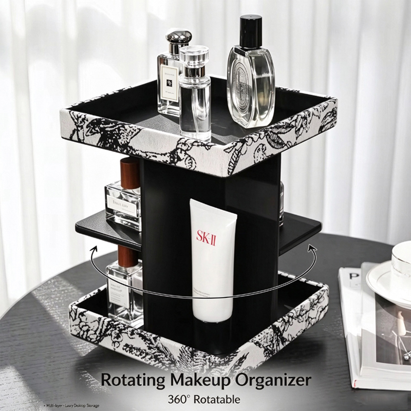 Luxury Skincare Tools - หลายชั้น 360 ° ชั้นวางเครื่องสำอางลายไม้หมุนได้ ดีไซน์หรูหรา สำหรับจัดระเบียบบนโต๊ะเครื่องแป้ง