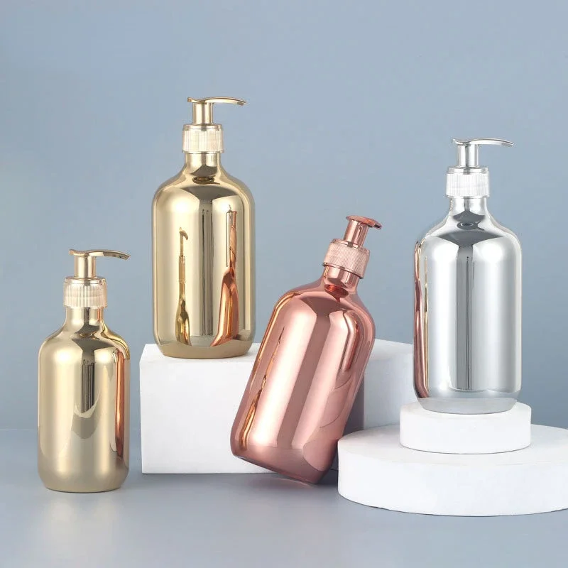 Luxury Skincare Packaging - ขวดทองคำสีกุหลาบใส่เจลอาบน้ำแบบแยกขวดน้ำยาล้างทำความสะอาดมือสำหรับสัตว์เลี้ยงขนาด500มล. ชุบทองด้วยไฟฟ้า