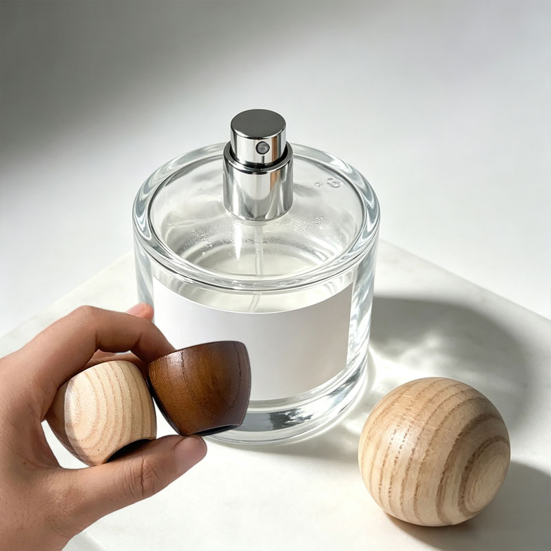 Luxury Skincare Packaging - ขวดสเปรย์น้ำหอมแก้วขนาด 50/100 มล. พร้อมฝาไม้ ขวดเปล่าแบบเติมได้สำหรับพ่นละอองละเอียด เหมาะสำหรับบรรจุน้ำหอมหรือเครื่องสำอาง